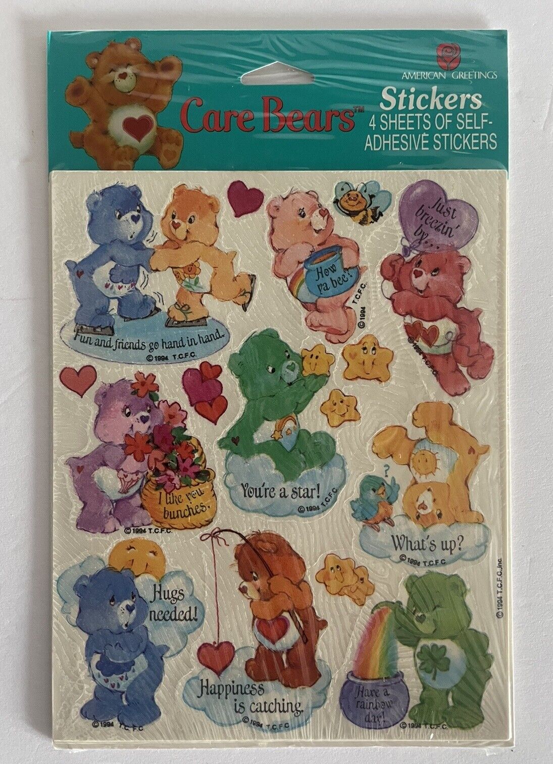 VINTAGE AMERICAN GREETINGS 1994 CARE BEARS FRIENDSHIP STICKERS-4SHEETS