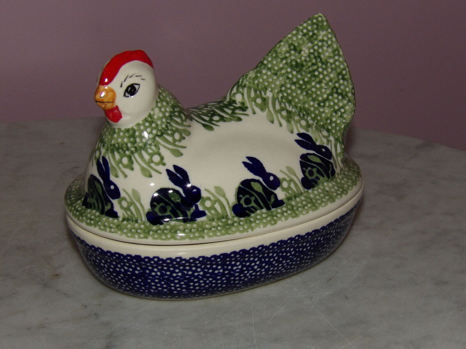 Polish Pottery Chicken Box Bunny Pattern