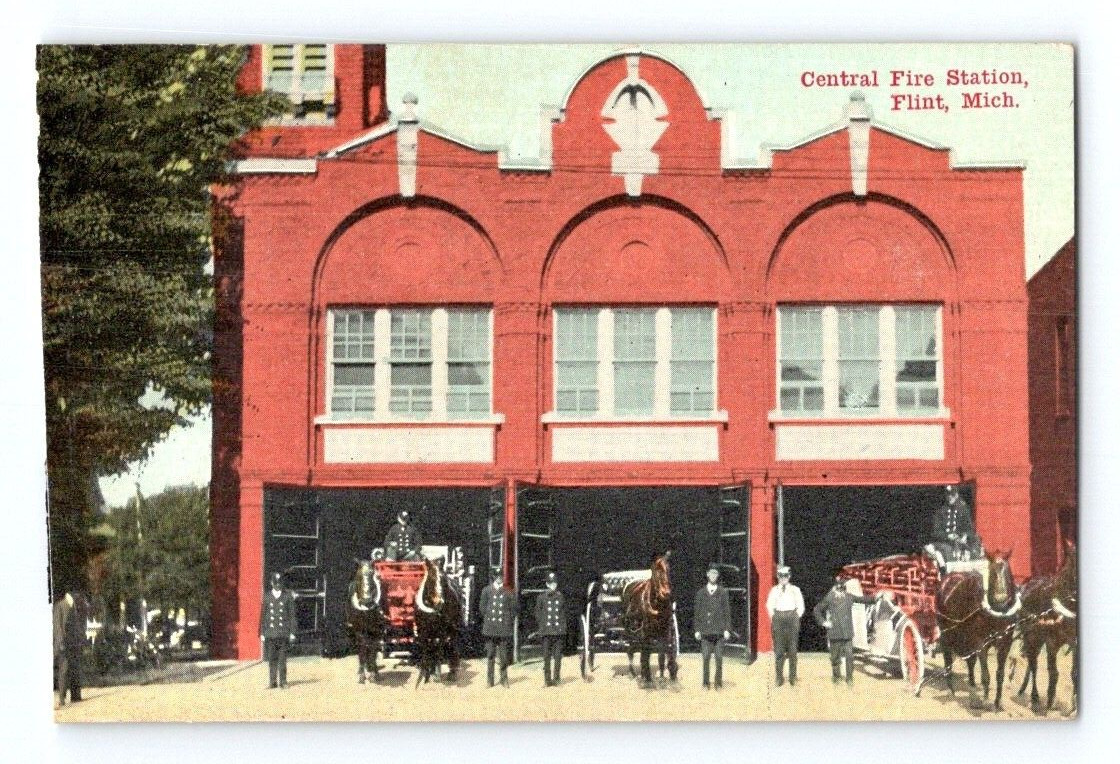 1908. CENTRAL FIRE STATION, FLINT, MICH. POSTCARD ST7