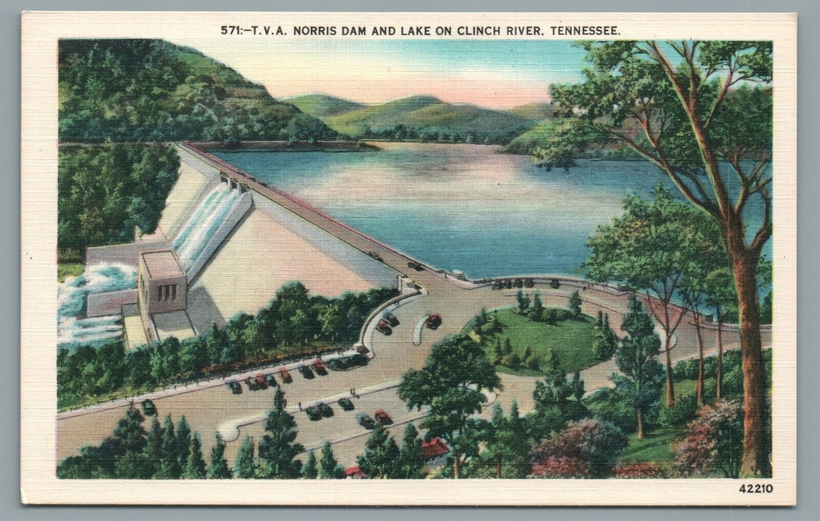 T.V.A. Norris Dam And Lake On Clinch River Tennessee TN  1930\'s Vintage Postcard