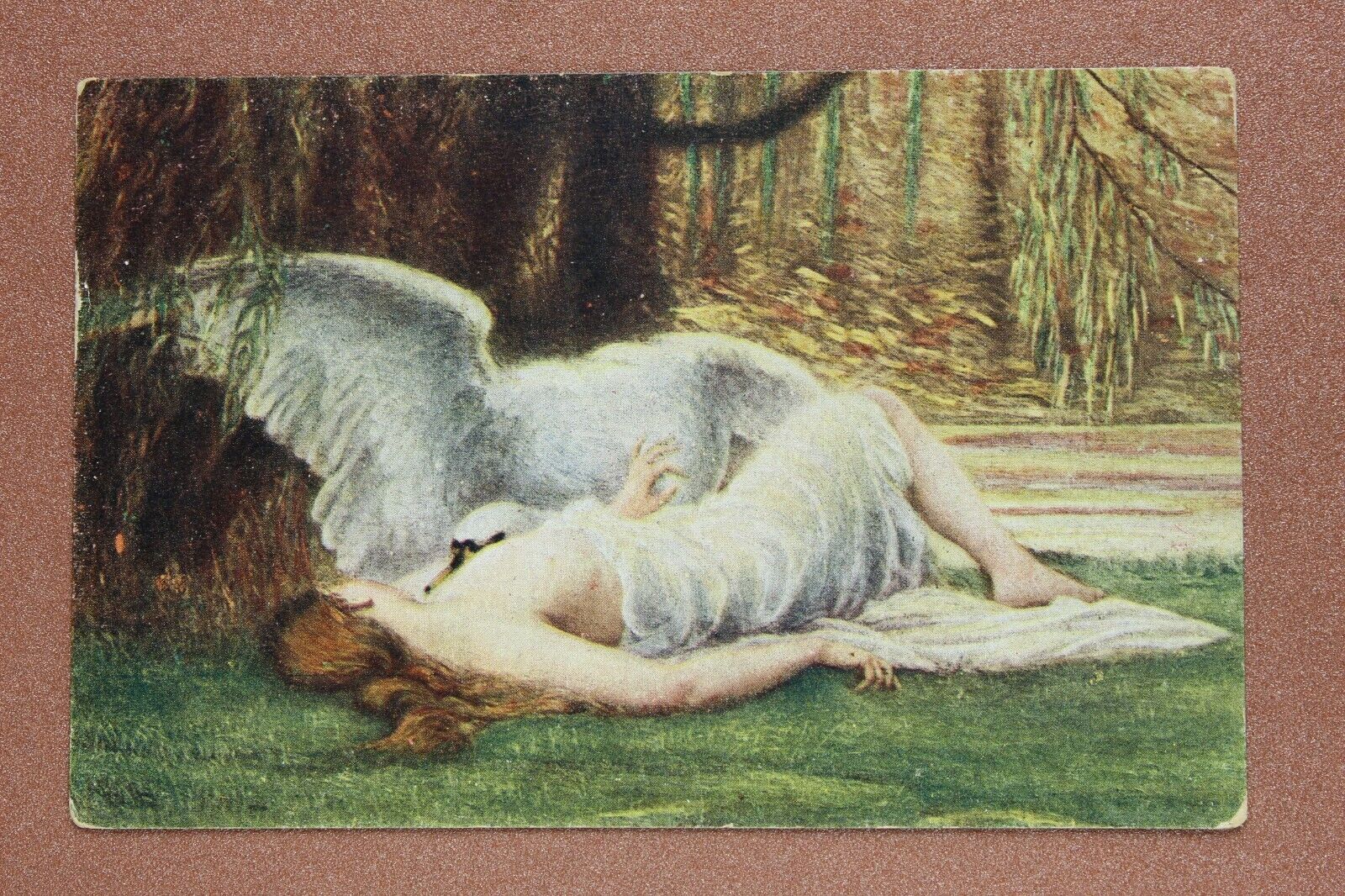 Love Nude woman Beautiful Leda with swan. Antique postcard 1909s By Thomas