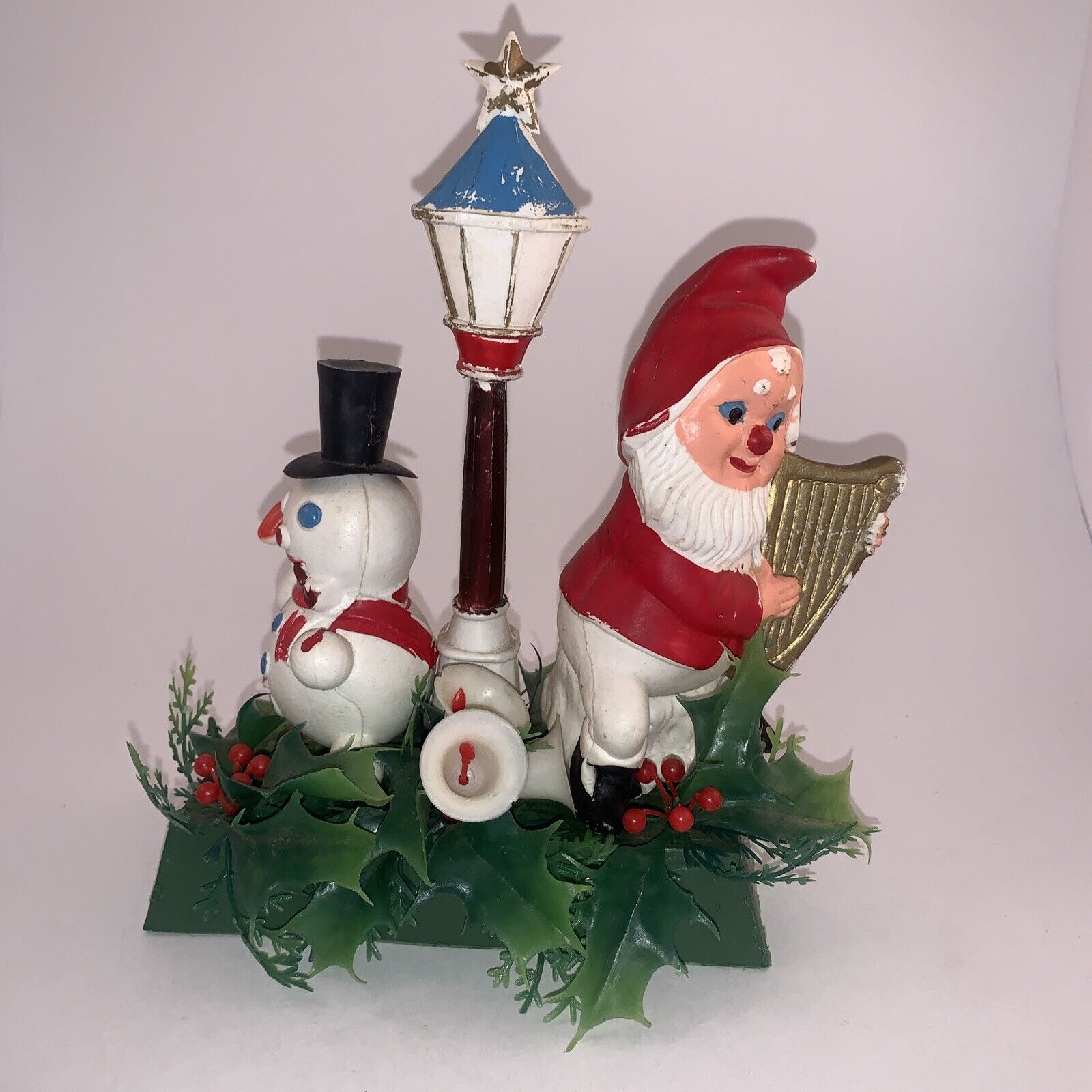 Vintage Christmas Decoration Plastic Elf Knome Snowman Lamppost Holiday READ