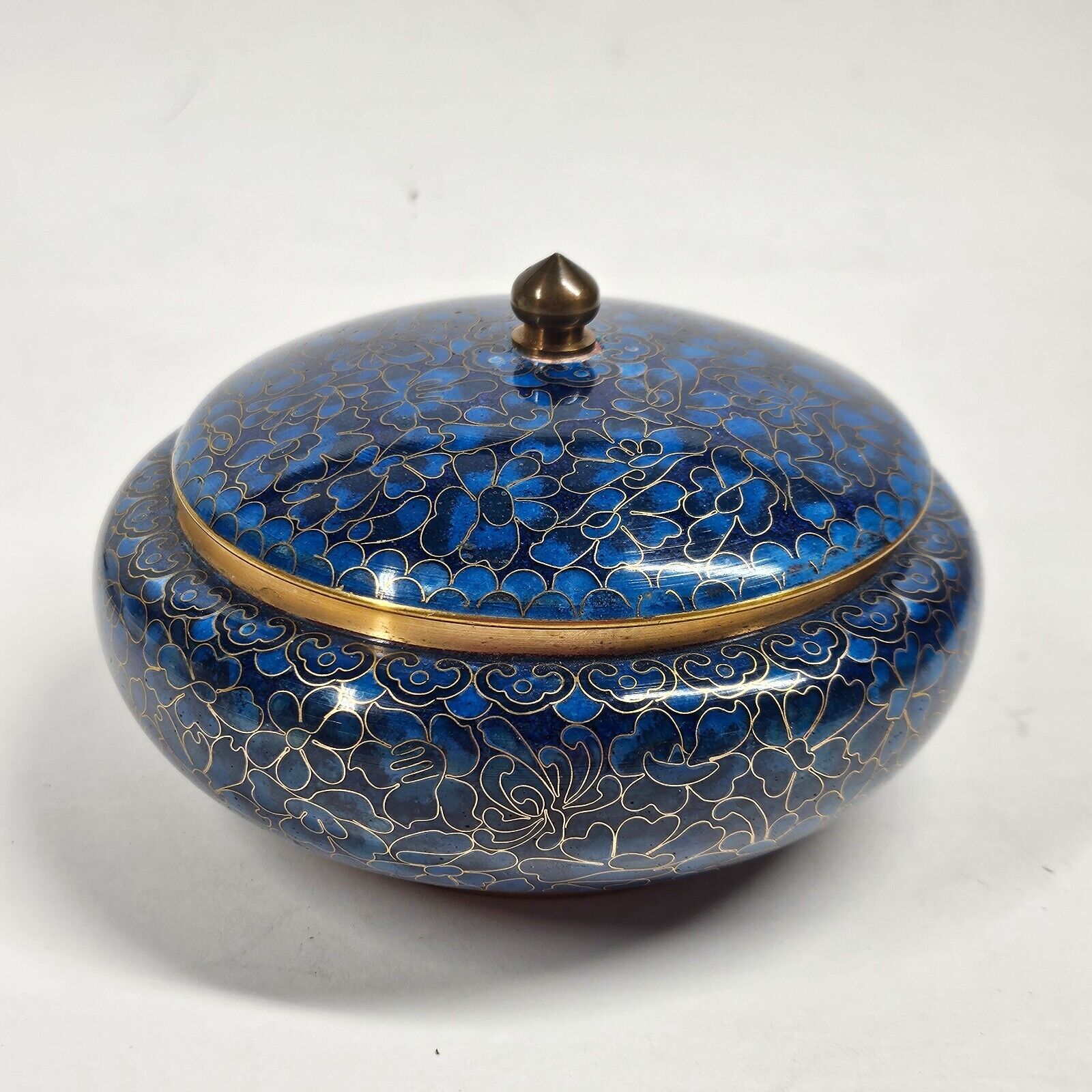 Blue Floral Cloisonne Ginger Jar Bowl w/Lid Vintage Round Enamel Brass