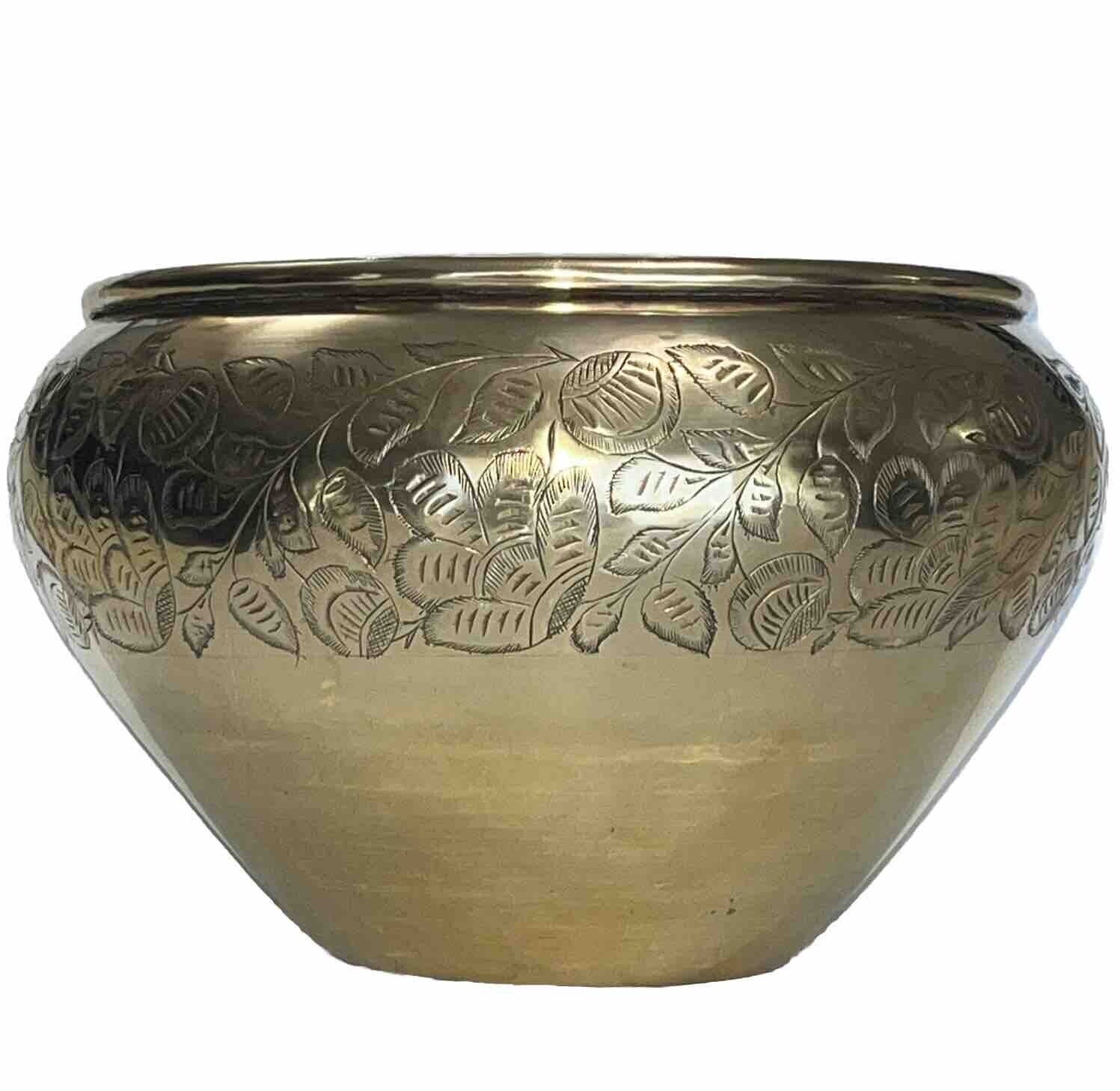 Solid Brass Bowl Hand Etched 6.5” Tall 9” Opening 10.5” Dia At Widest Vtg India