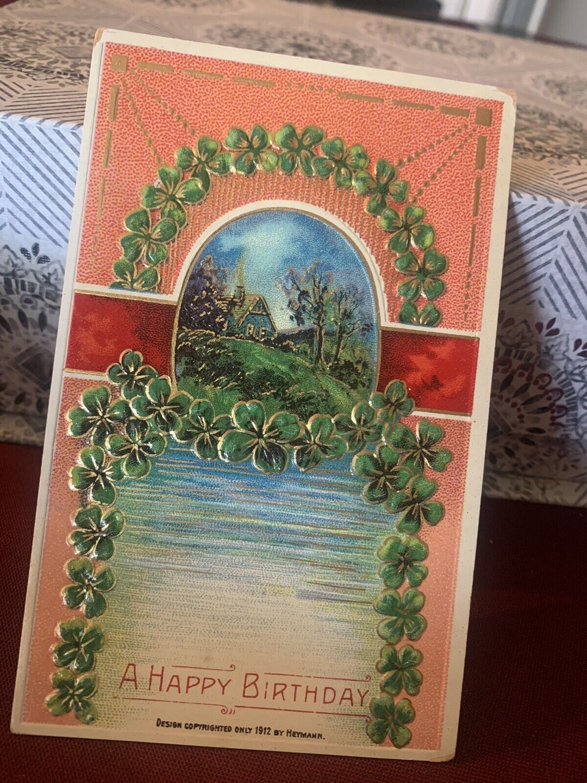 Vintage happy birthday 4 leaf clover ￼Heymann postcard 1912 Embossed Unpos￼ted
