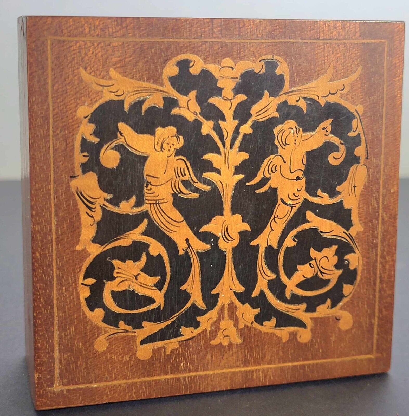 Vintage Italian Inlaid Timber Trinket Box With Cupid Detail