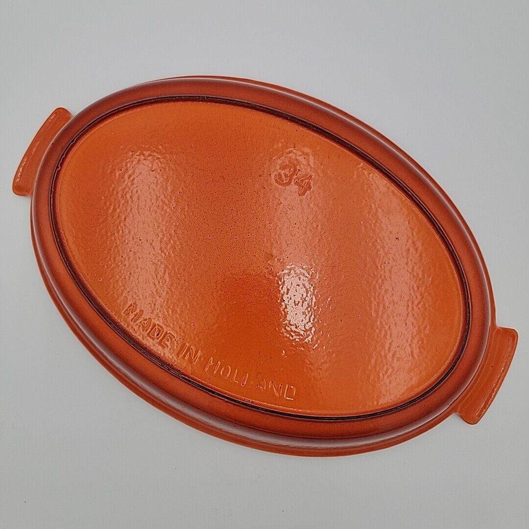 Vintage Dru Holland #34 Cast Iron Oval Handled Baking Dish Fire Orange Druware