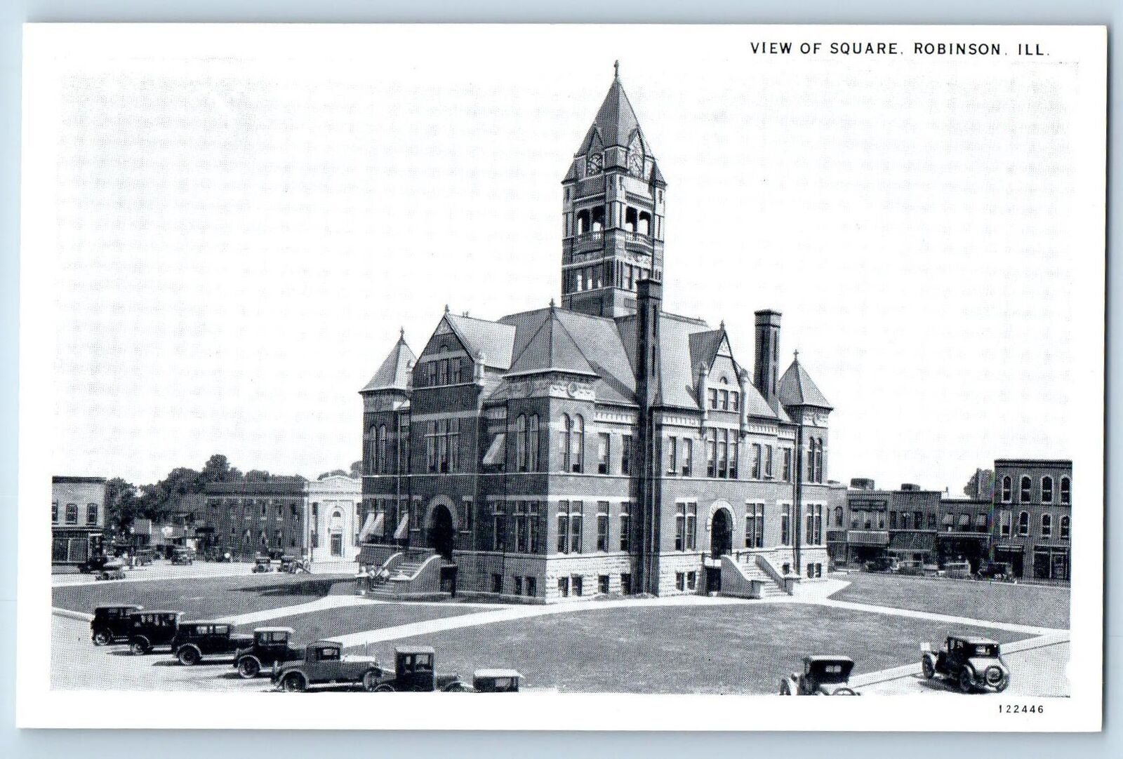 c1920\'s View Of Square Building Tower Classic Cars Robinson Illinois IL Postcard