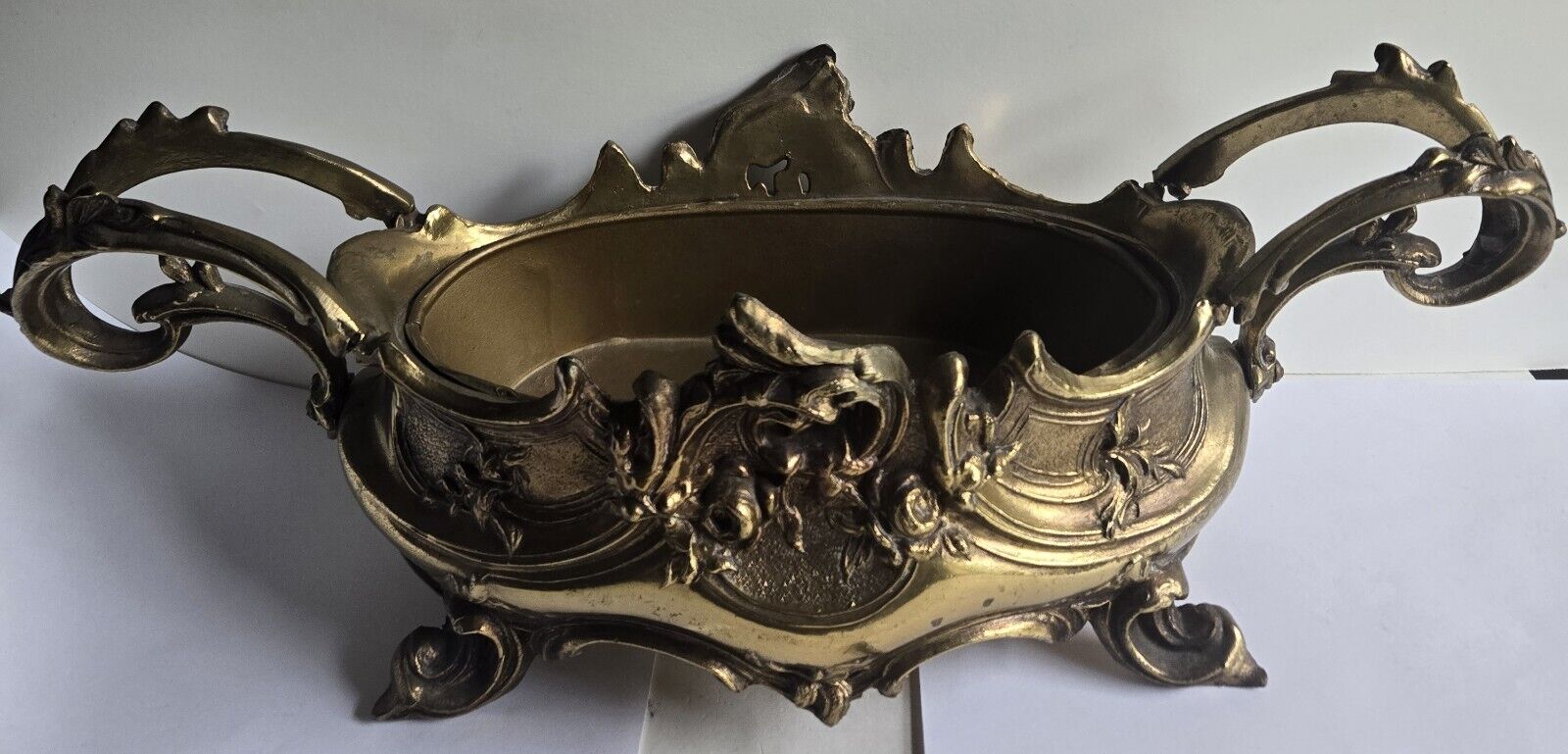 Antique Vintage Brass Rococo Footed Jardiniere Planter With Oval Insert