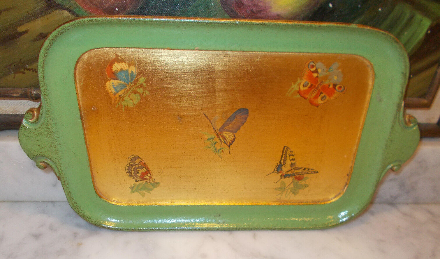 Vintage Vietri Italy Wood Laquer Gold Leaf Butterfly Tray