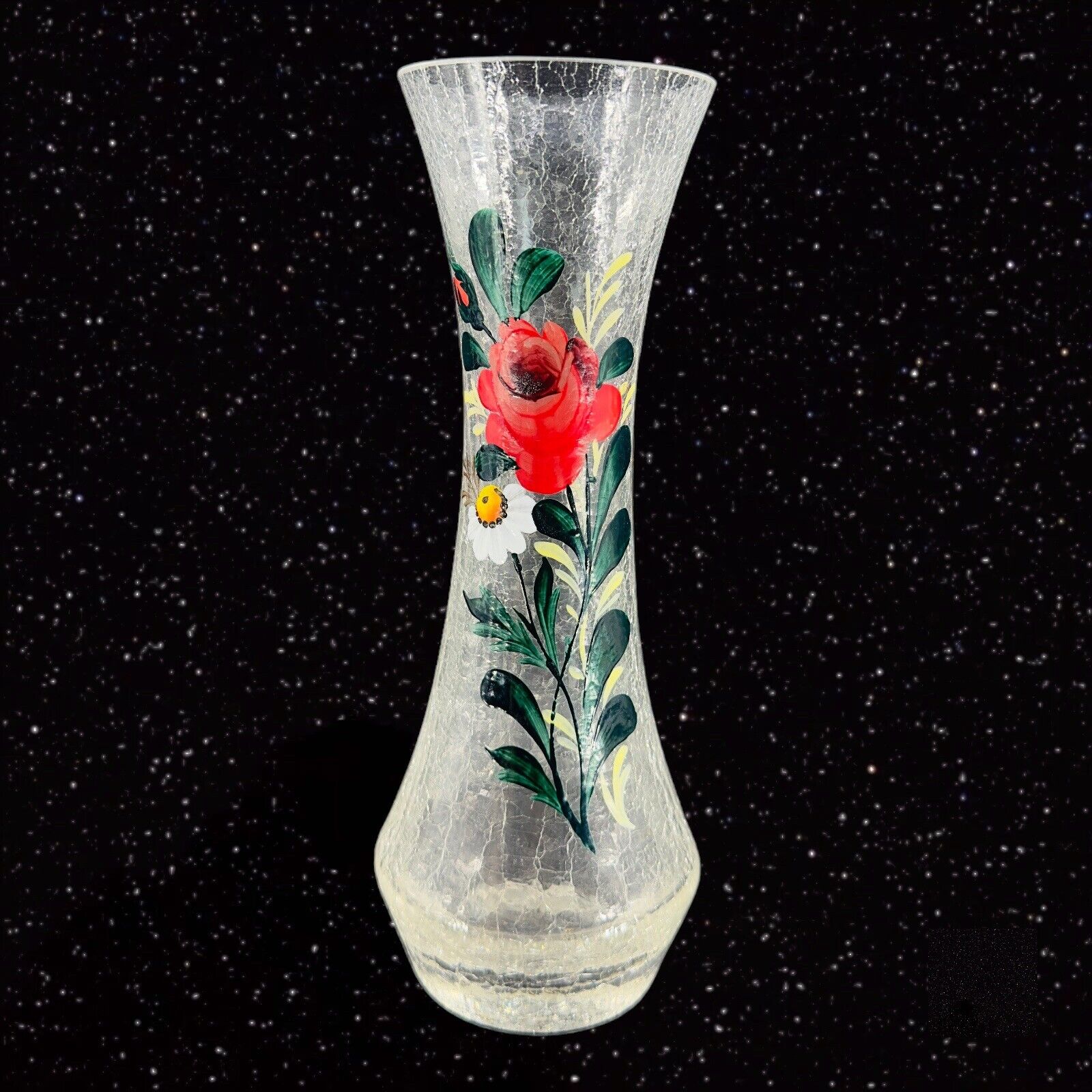 Tall Clear Crackled Finish Art Glass Vase Painted Red Flower Vintage Glass Vase