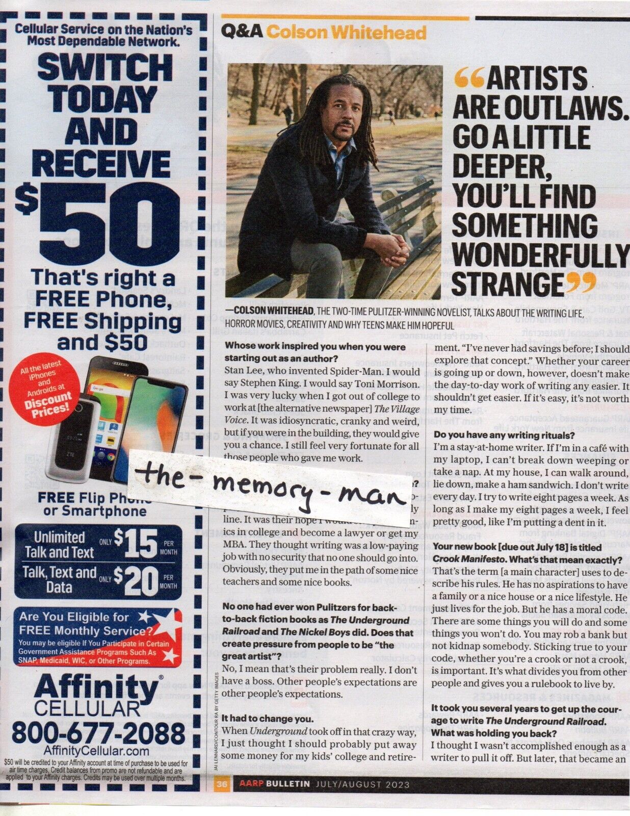 Colson Whitehead Pulitzer Winning Novelist 2023 Picture Article 2 Page Clipping