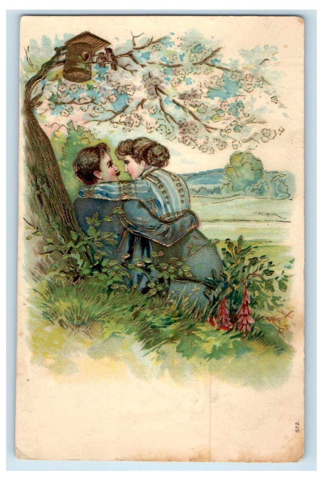 c1910\'s Sweet Couple Tree Branch Flowers Birds Cage Germany Embossed Postcard