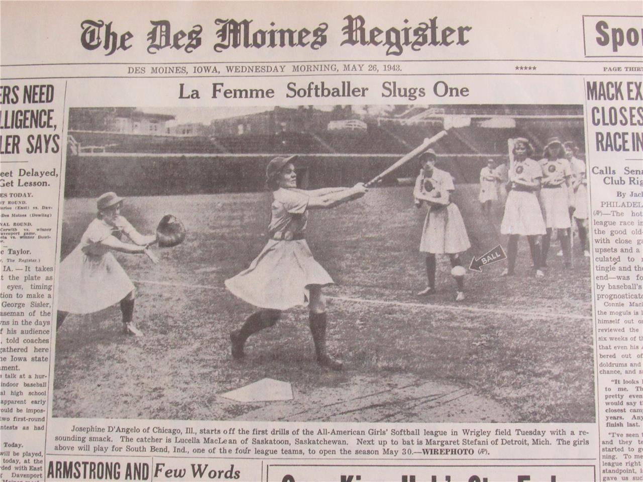 VINTAGE NEWSPAPER HEADLINES ~ BASEBALL ALL-AMERICAN GIRLS SOFTBALL LEAGUE 1943