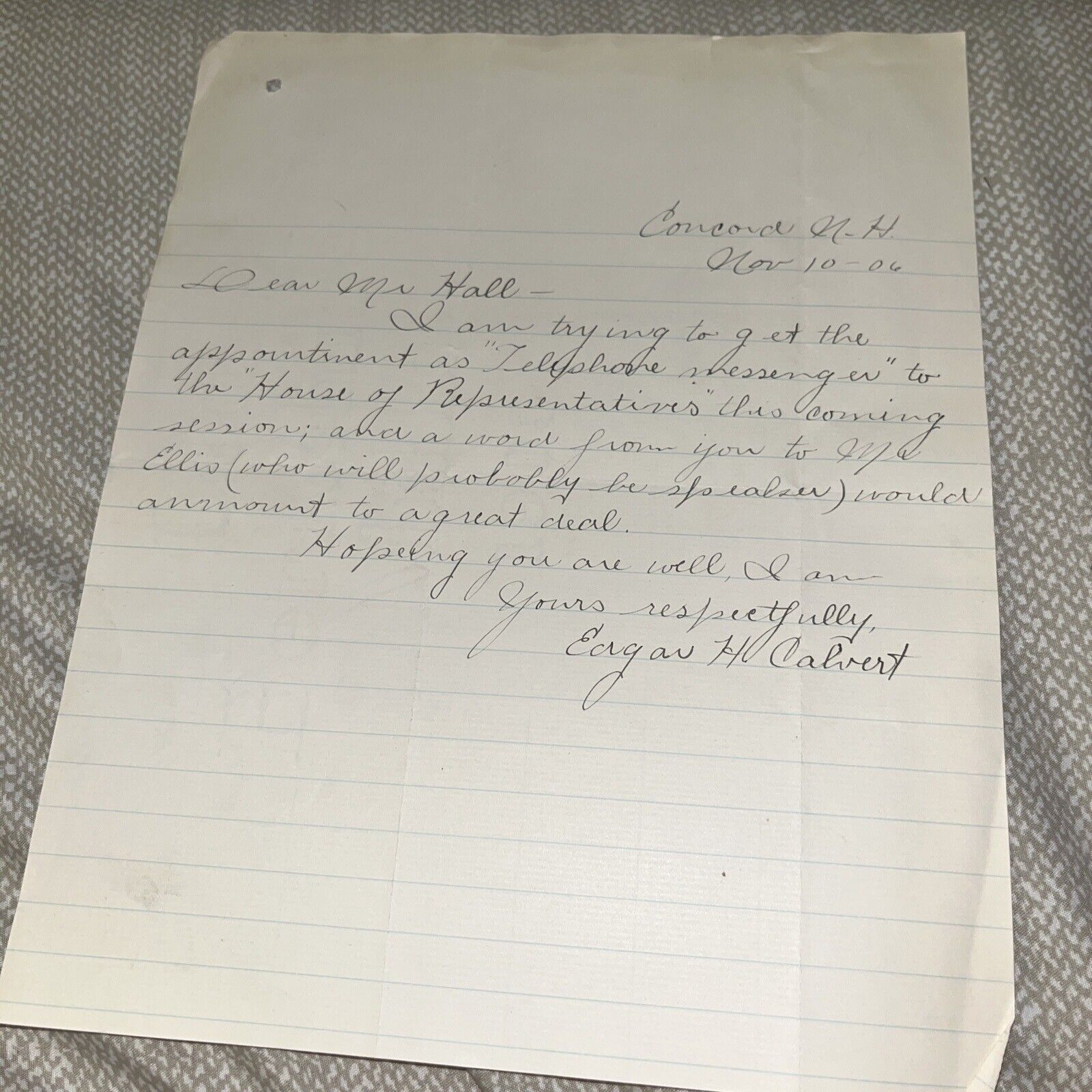 Antique 1906 Concord NH Letter Requesting Endorsement to Speaker of the House
