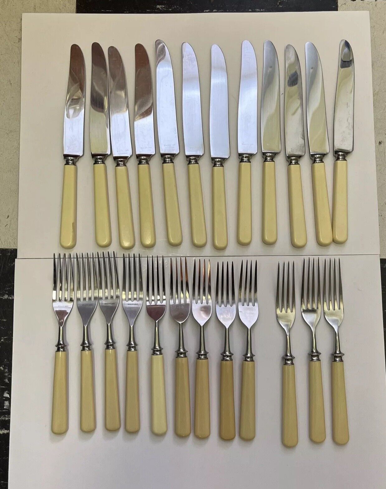 Lot Of  24 Vintage Yellow Plastic Handle stainless flatware Forks , Knifes