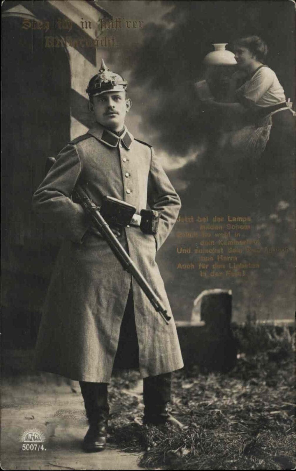German Soldier WWI Uniform Rifle Gun Romance Used c1915 Real Photo Postcard