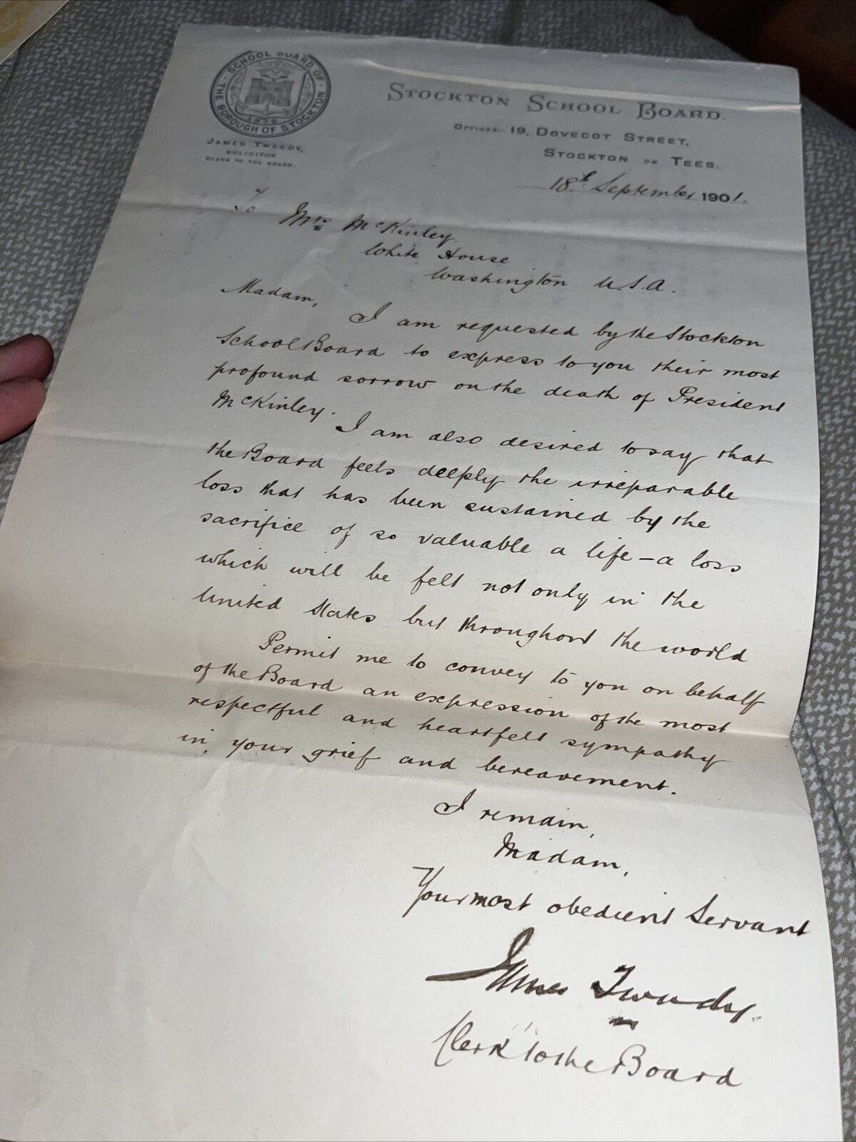 Stockton on Tees England School Board Letter President McKinley Assassination
