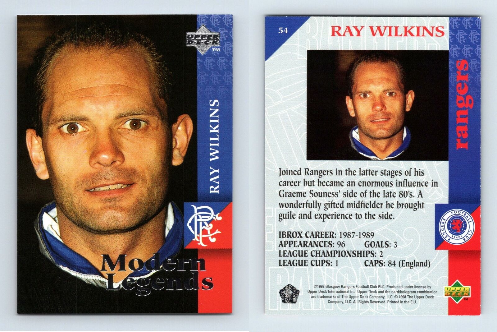 Ray Wilkens #54 Glasgow Rangers 1997-98 Upper Deck Football Trading Card