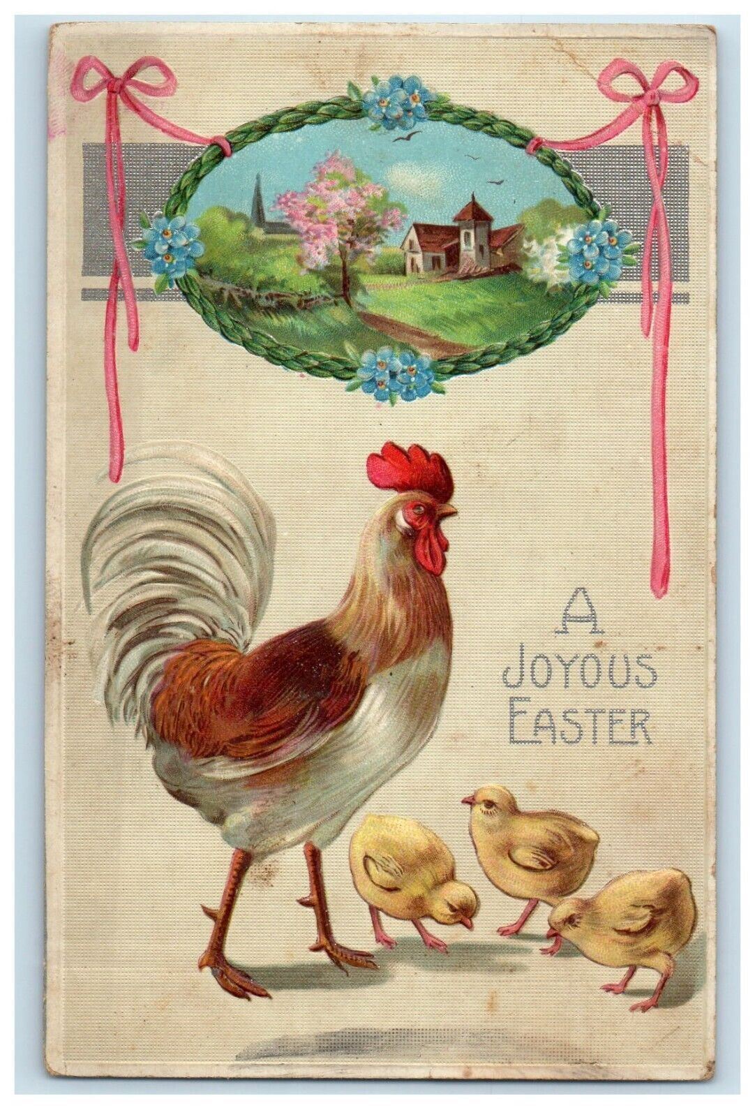 c1910\'s Joyous Easter Rooster Chicks Flowers House View Embossed Postcard