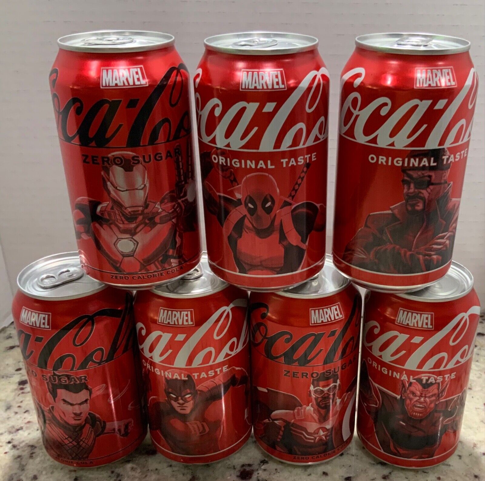 MARVEL Coca-Cola COKE Limited 7 Empty Can Lot DEADPOOL FURY IRON MAN DAREDEVIL