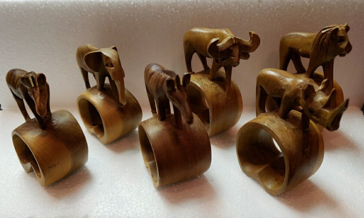 MCM Hand Carved Wood African Animal Napkin Rings, Set of 6