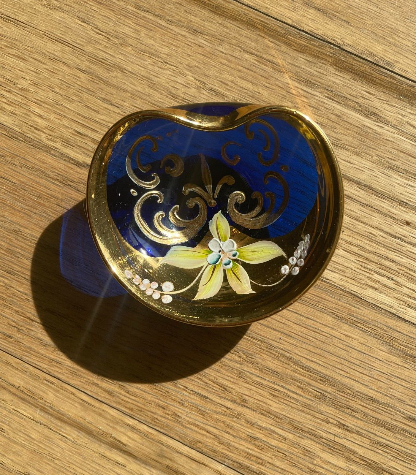 Vintage Murano Blue Glass Hand Painted Trinket Dish with Gold Paint accent.