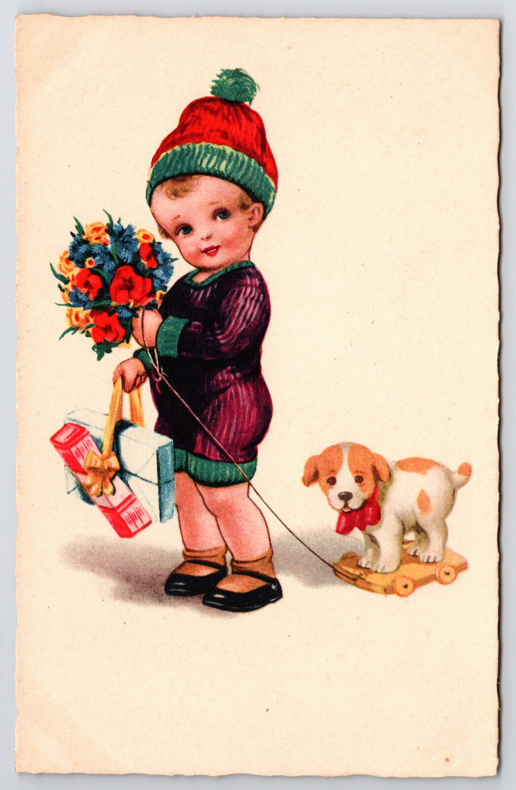 C1930 Unsigned Children\'s Postcard, Child with Gifts Pulling A Dog Toy
