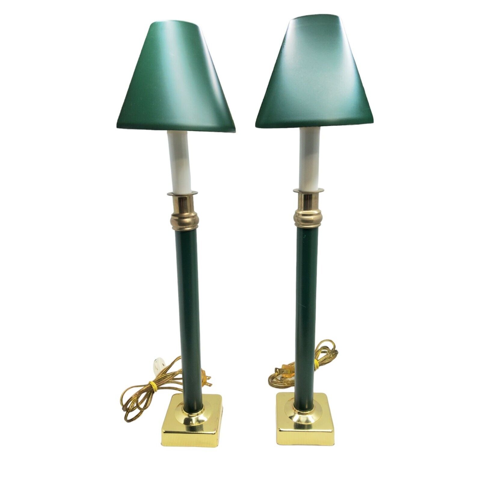 vintage pair of green brass top candlestick table lamps