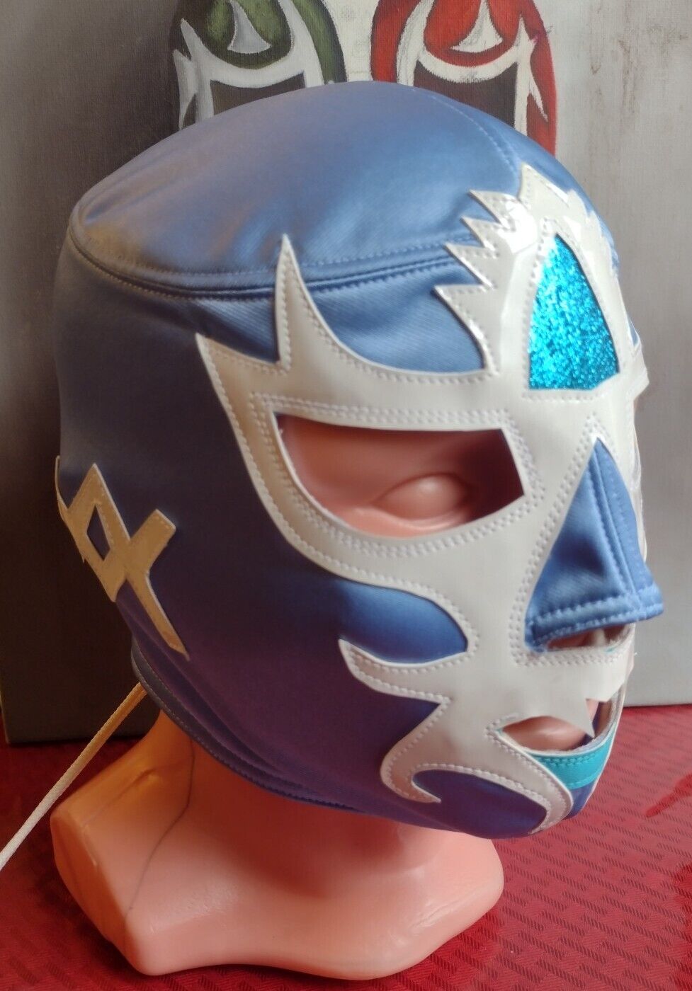 Mil Máscaras Mexican Profesional Mask in Sport Pet Light Blue and White Vinil.