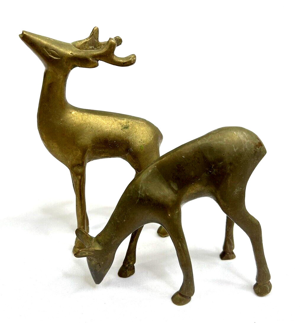 Vintage Brass Bronze Patina Deer Doe Buck Deer Statue Figurine Set of 2