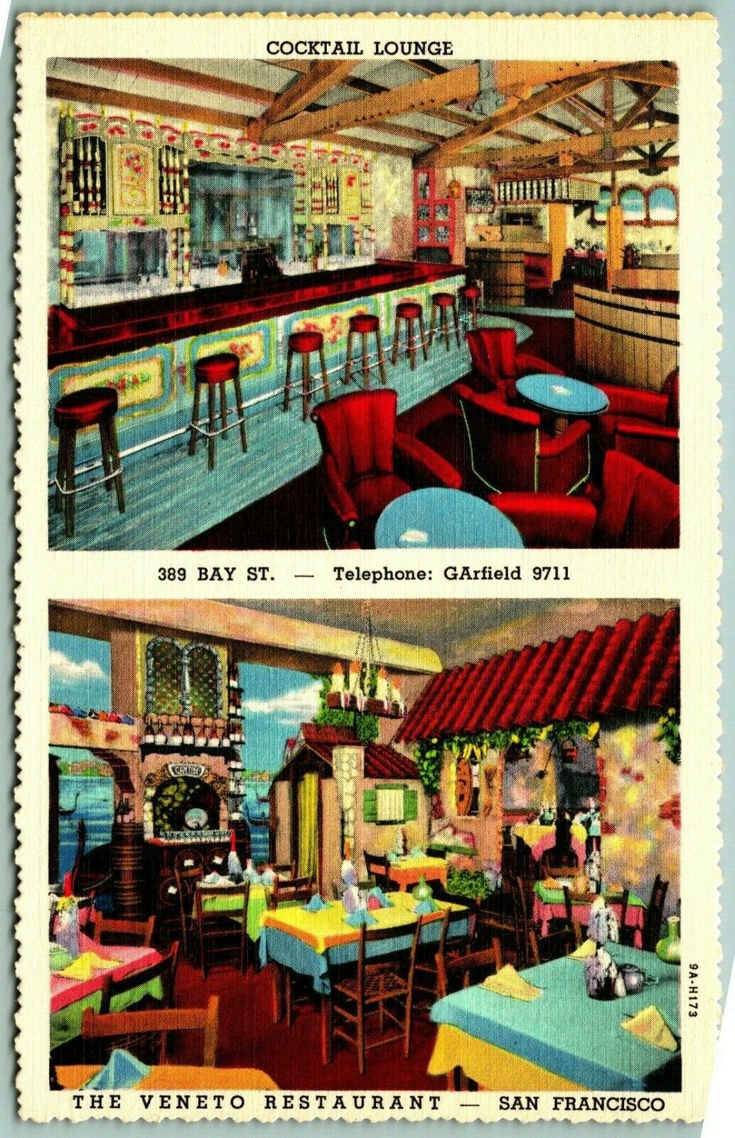 Dual View Veneto Restaurant San Francisco California CA UNP Linen Postcard I2