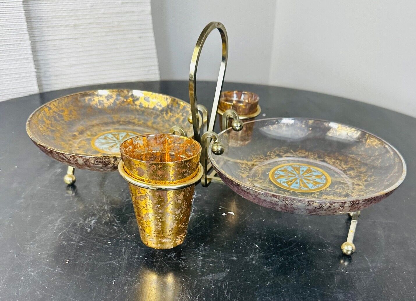 Vintage Georges Briard Gold Leaf 5 piece Hors d\' Oeuvres Caddy Mid Century