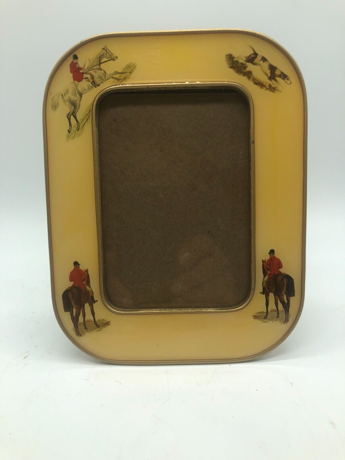 VINTAGE ENAMELED /METAL PICTURE FRAME with EQUESTRIAN HORSES & HUNTING DOG