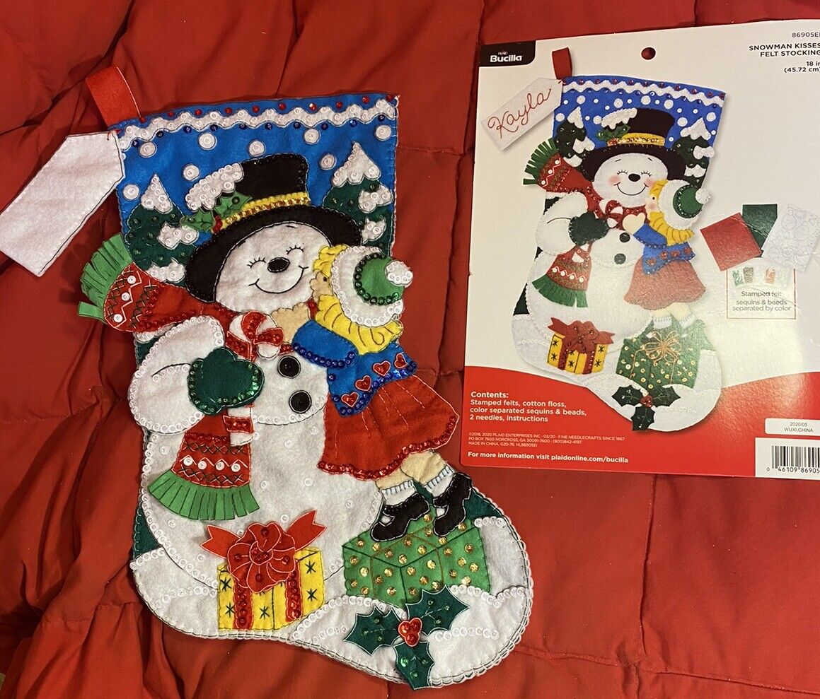 Bucilla 18” Christmas Stocking 86905 Snowman Kisses  & COMPLETED