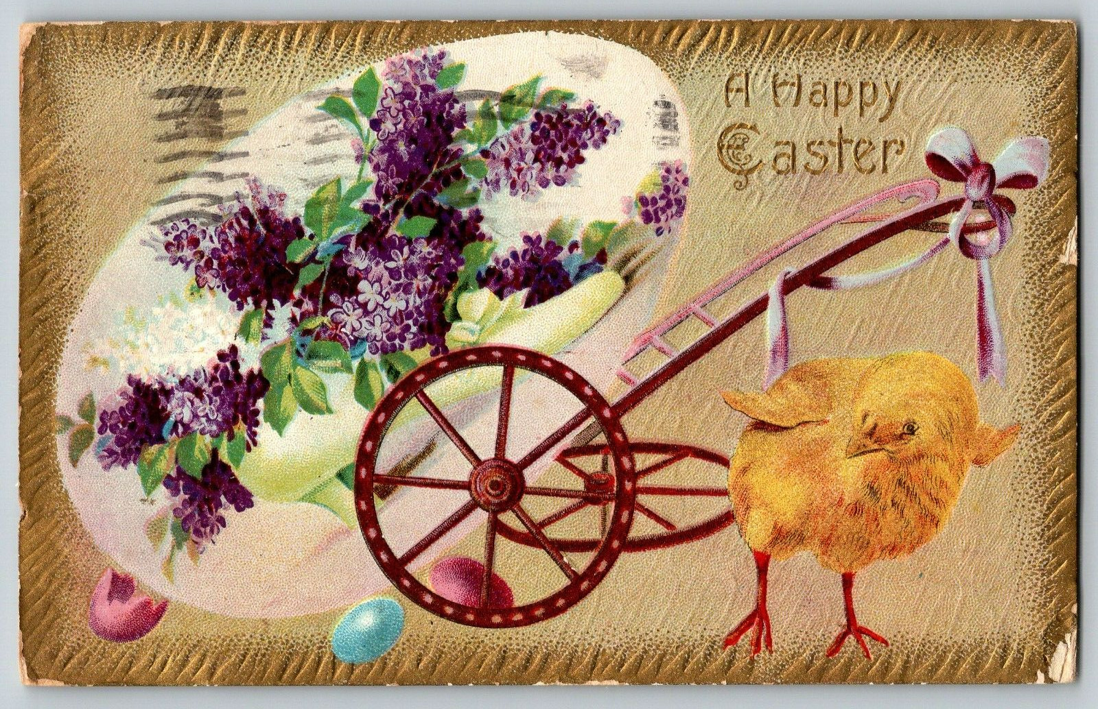 A Happy Easter - Chicks Carrying the Big Egg - Vintage Postcard, Posted