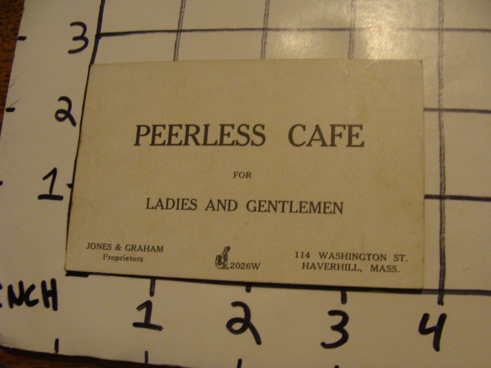 Vintage Business Card: PEERLESS CAFE, JONES & GRAHAM, HAVERHILL, MASSACHUSETTS