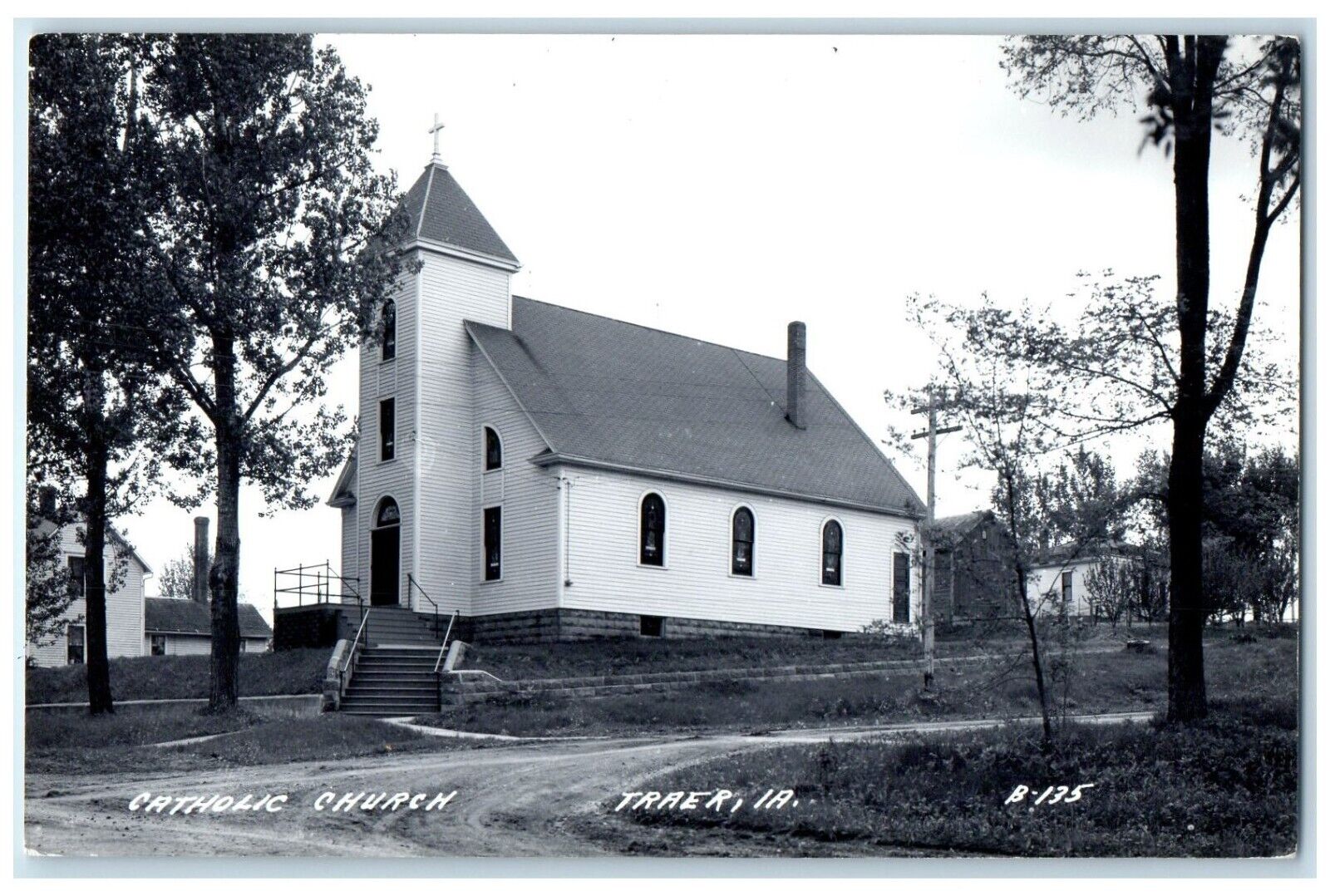 c1940\'s Catholic Church Scene Street Dirt Road Traer Iowa IA RPPC Photo Postcard