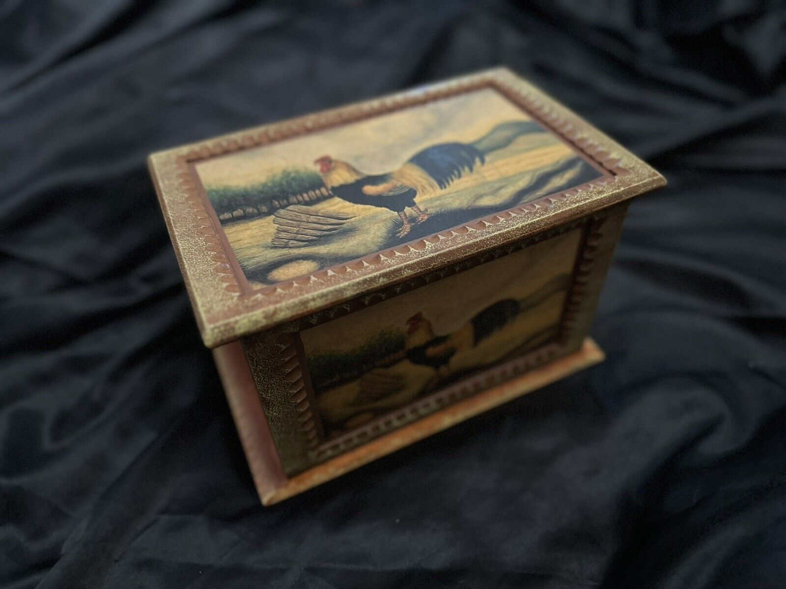 Wooden Box with Carvings and Beautifully Painted Chicken Box on Cover and Front