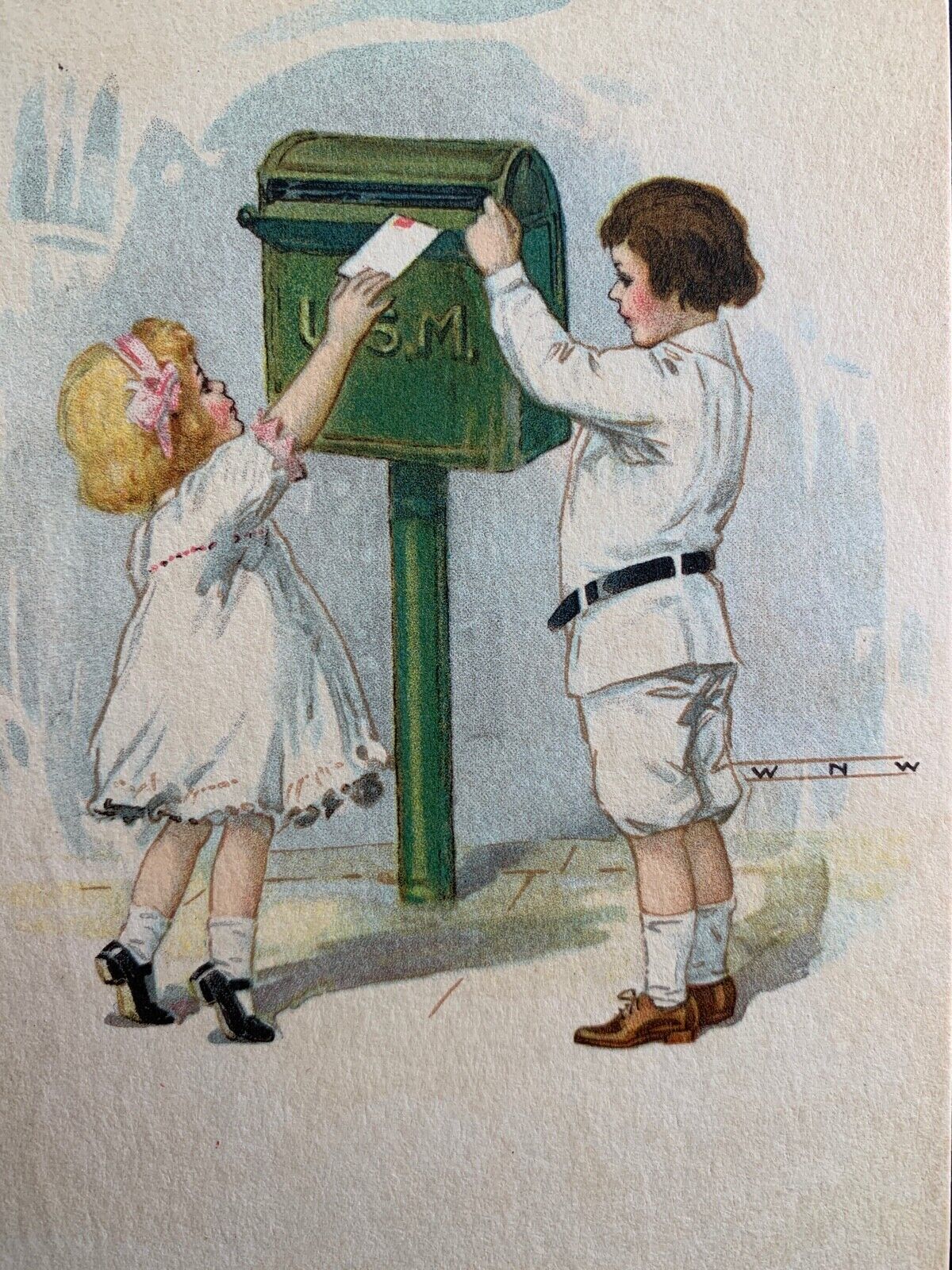 Postcard c1910s Children at Post Box Mail  