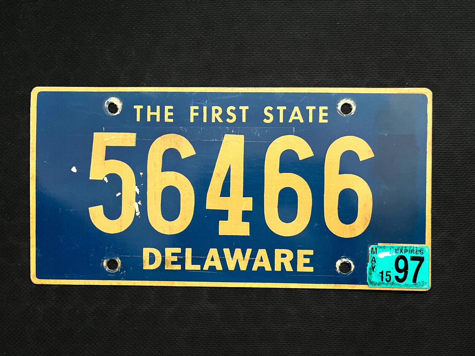 1997 Delaware License Plate 56466 .... THE FIRST STATE, BEAUTIFUL YELLOW ON BLUE