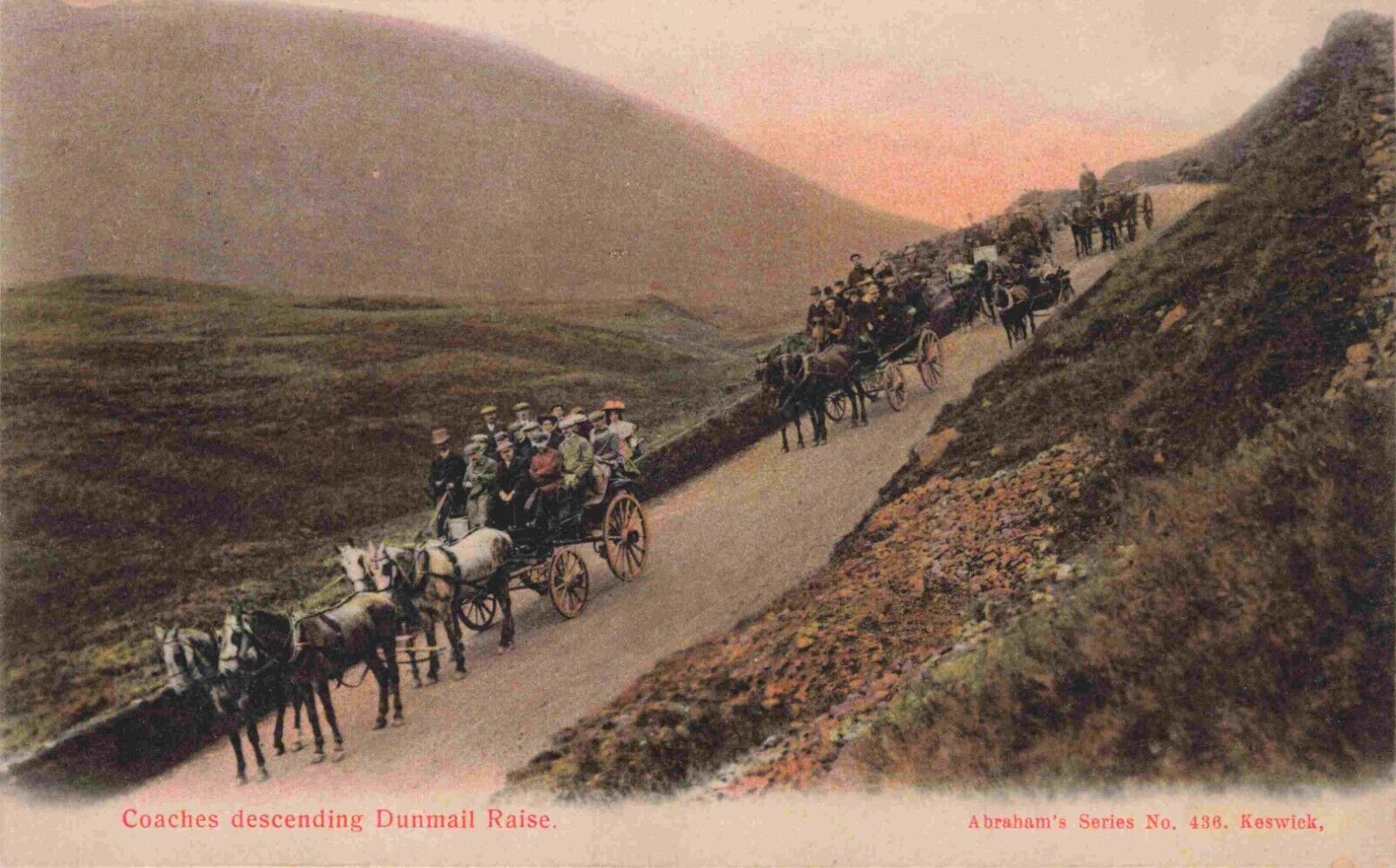 Ambleside England Horses Pull Coaches Down Dunmail Raise UK Vintage Postcard