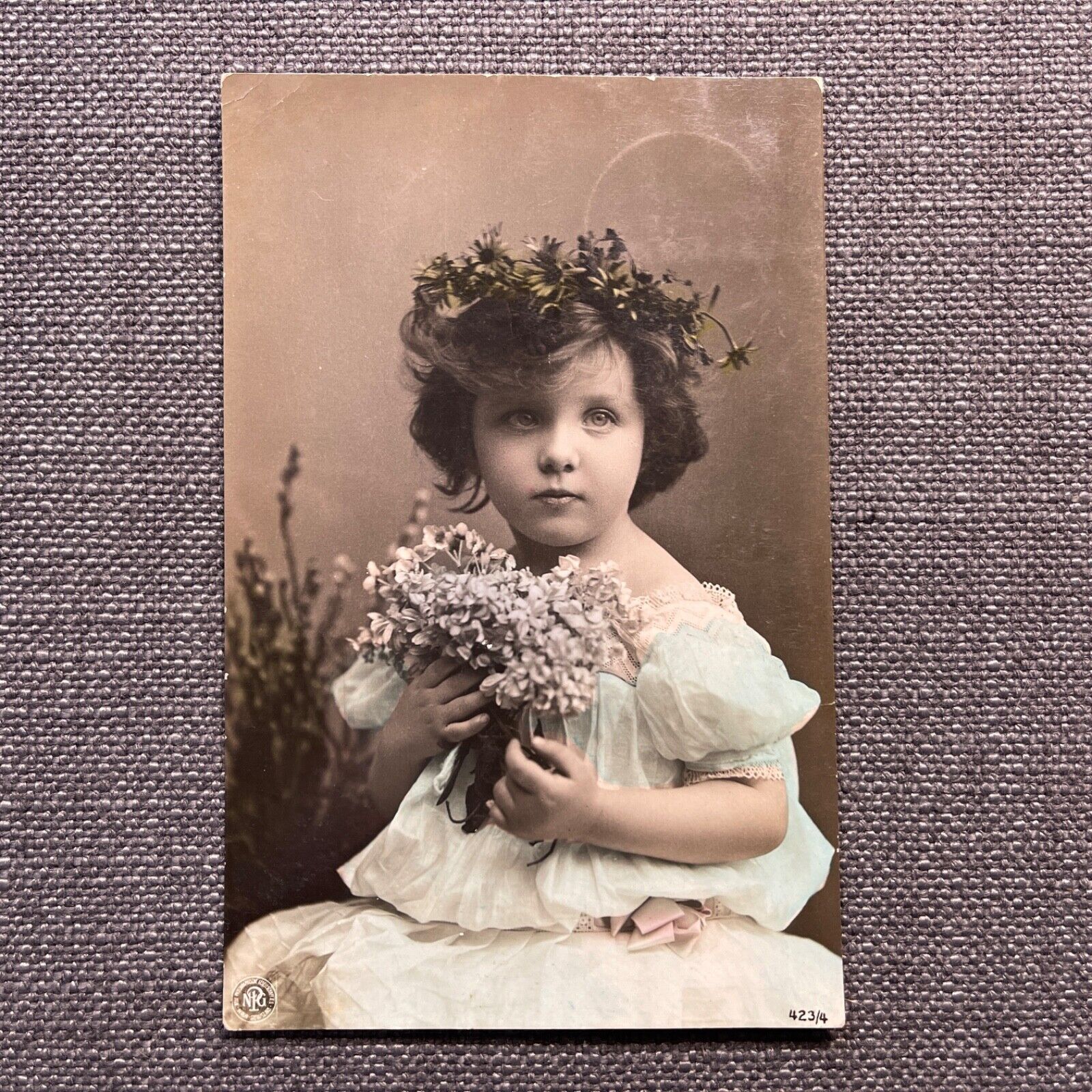 Antique German Postcard Rppc Hand Tinted Color Little Girl with Flowers 1907
