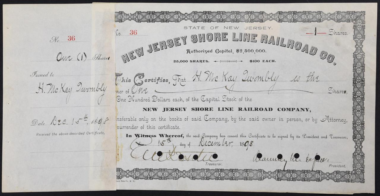 1898 New Jersey Shore Line Railroad NJRR Company Stock Chauncey Depew