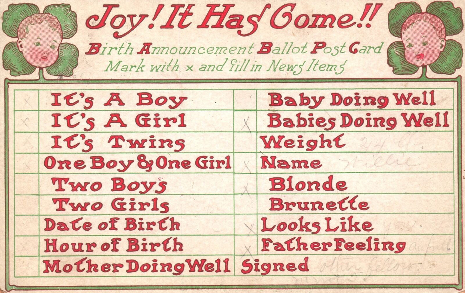 Vintage Postcard 1910\'s Birth Announcement Ballot Babies Boys & Girls Greetings