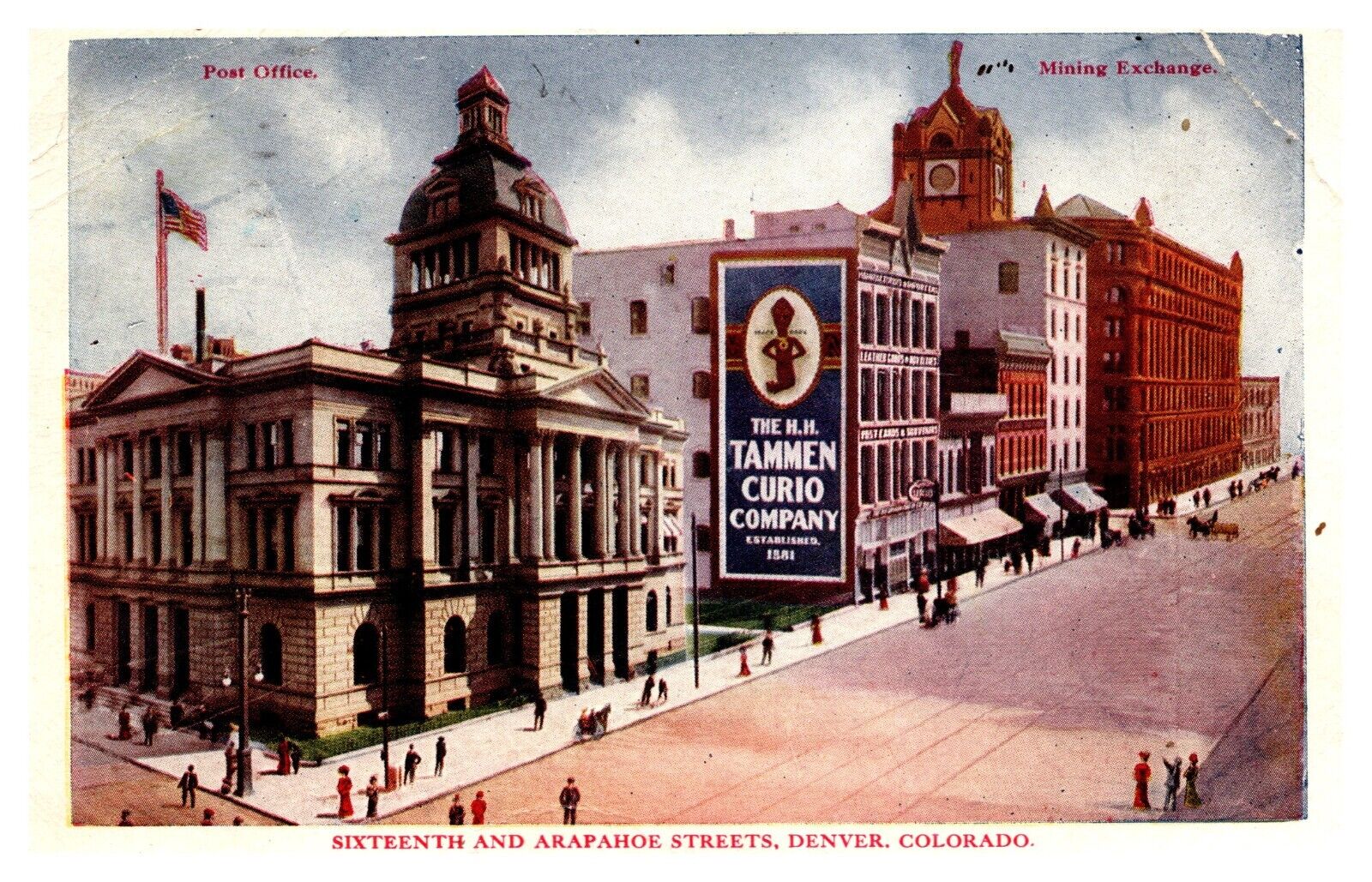 postcard 16th & Arapahoe Denver Colorado H.R. Curio Co. & Mining Exchange A0011