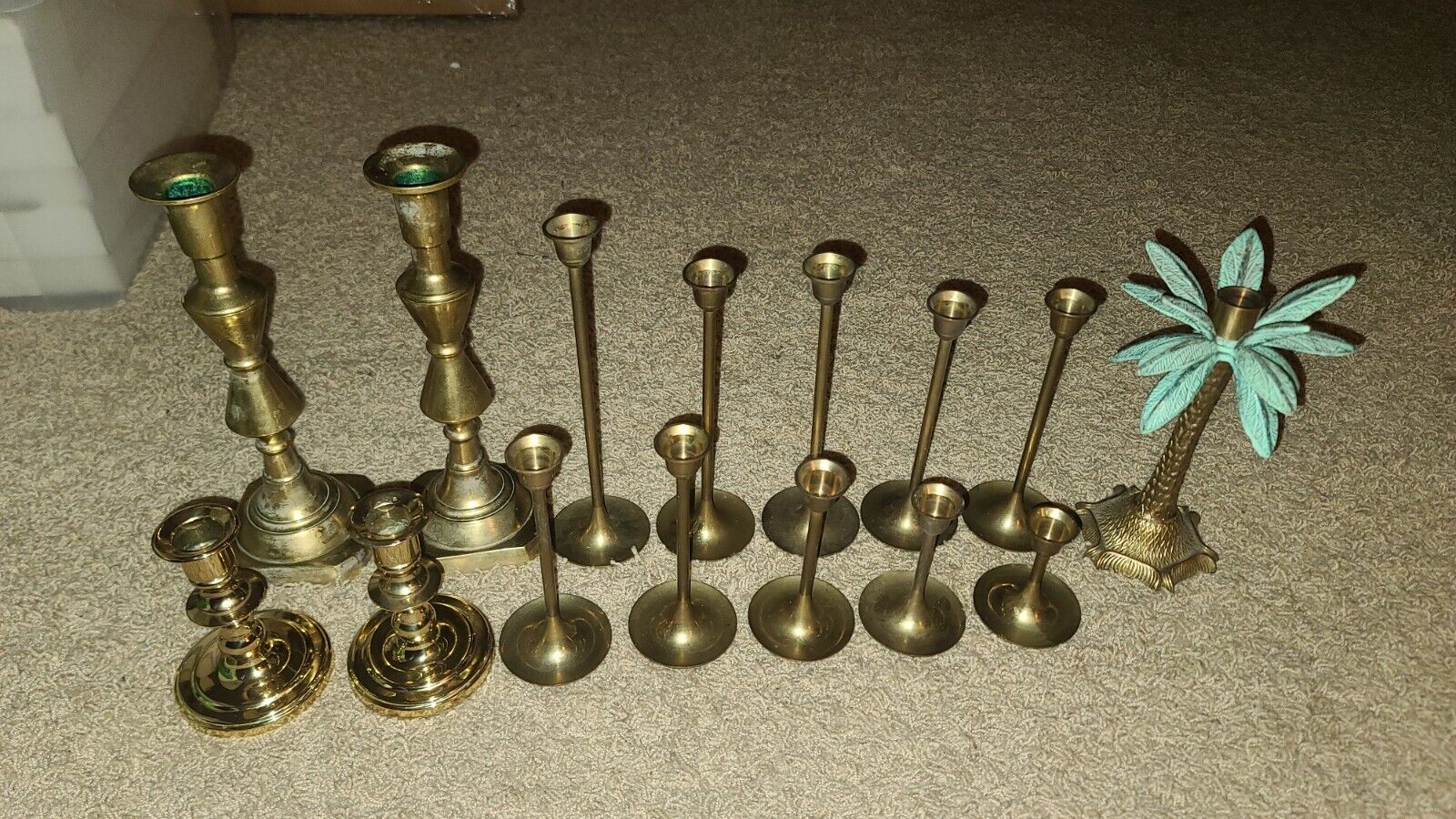 Lot of (16) Vintage Solid Brass Candlesticks.  Tallest Are 10\