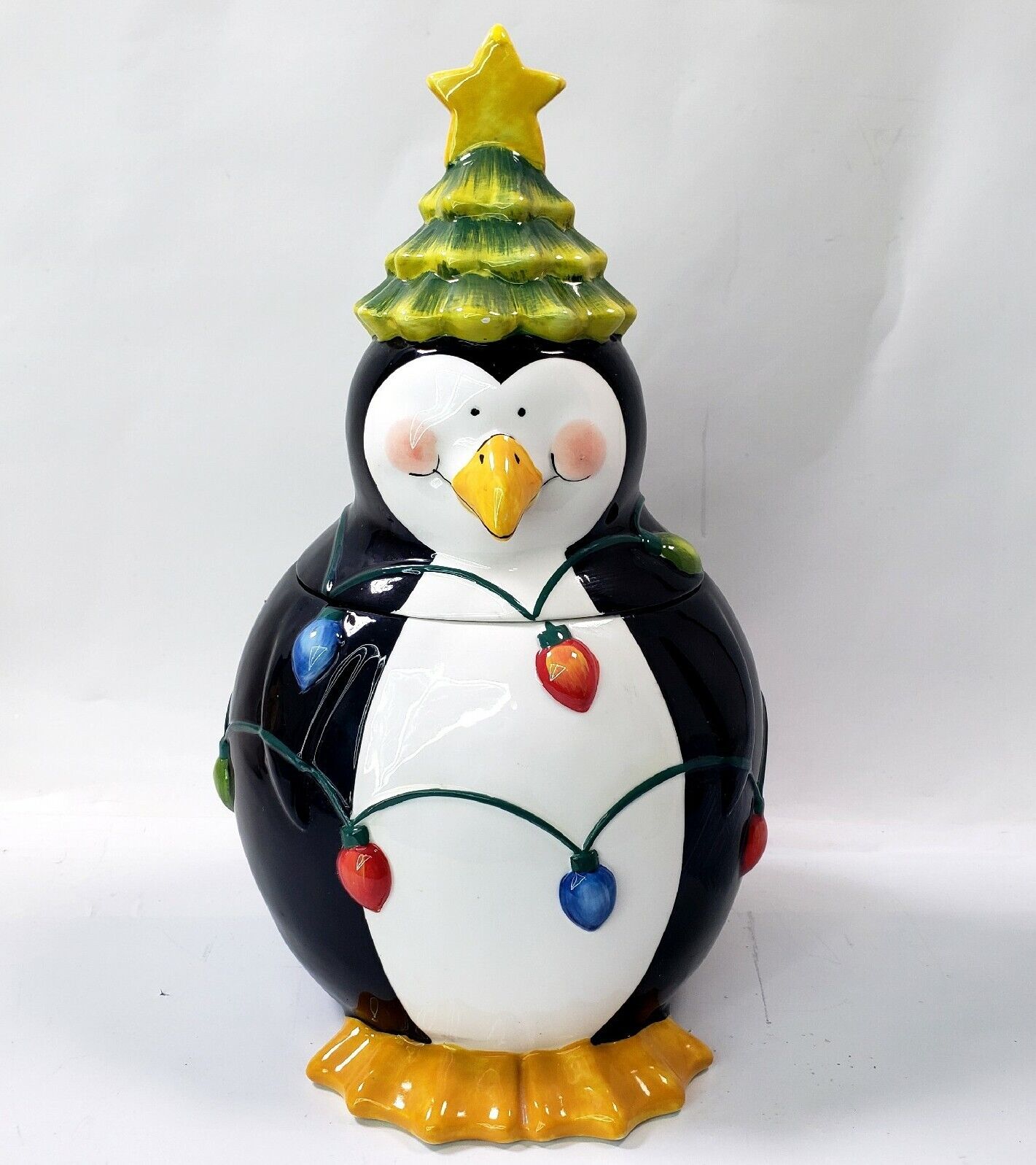Vintage Holiday Penguin Cookie Jar - By Clay Art  Hand Painted 13\