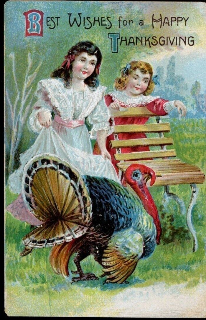 Postcard Antique Thanksgiving Pretty Girls Turkey Cute Embossed Early 1900s