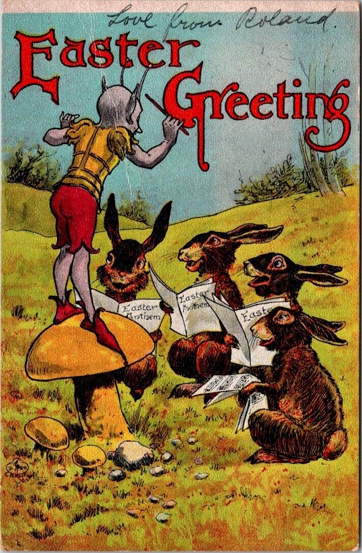 Easter Goblin Mushroom Leading Rabbit Choir Sheet Music ZIM c1910s postcard DQ3